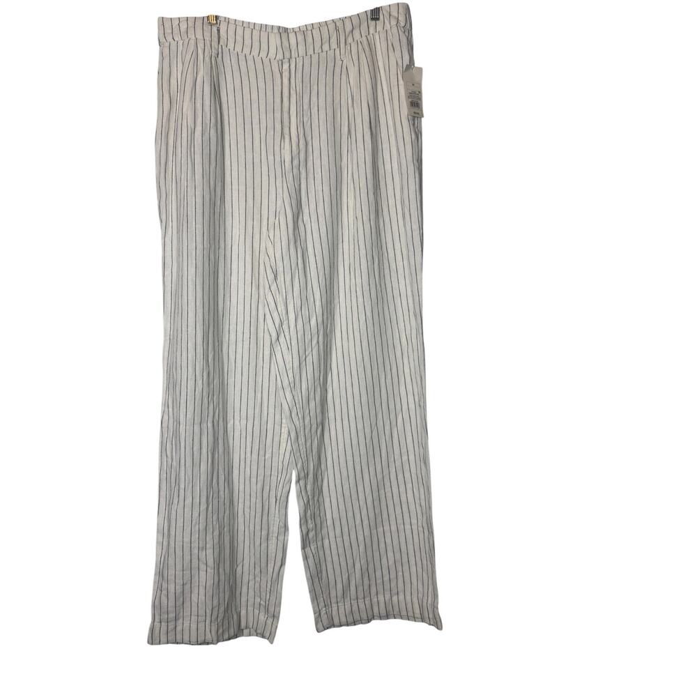 A New Day Cream Black Pinstripe Linen Blend Wide Leg Pants 14 NWT Coastal